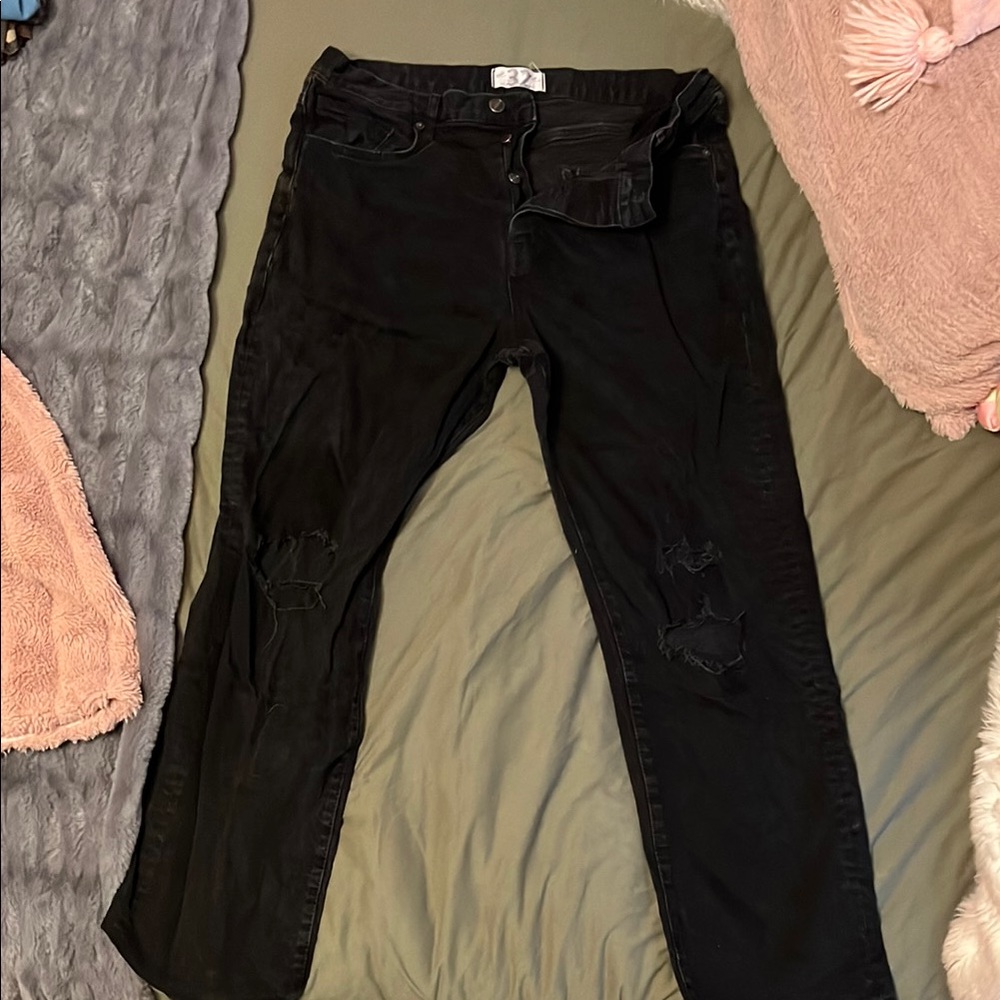 Free People Distressed Five Button Black Straight Leg Jeans